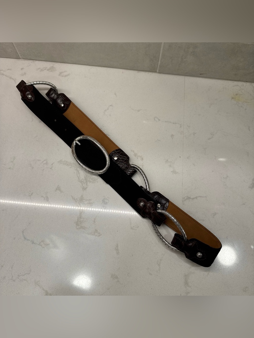 Brighton Black and Brown Western-Style Leather Belt with Silver Oval Buckles 38